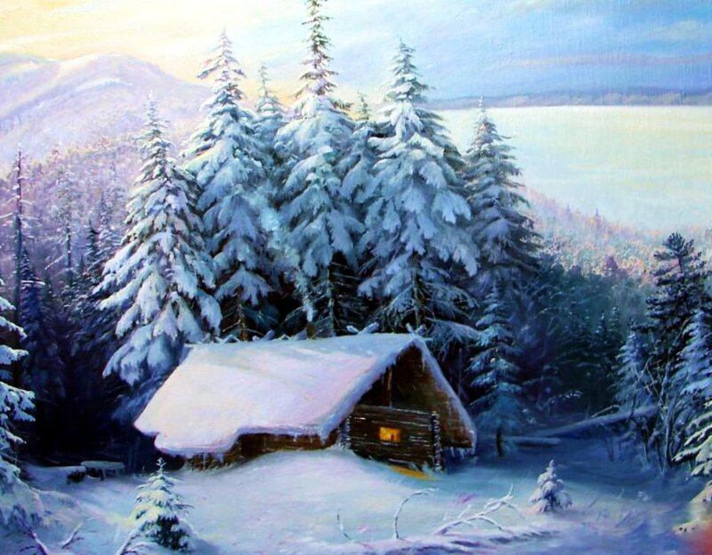 Cabin in Snowy Forest — White, Serene, Winter, Painting, Snow, Trees