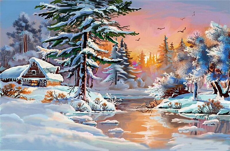 Cabin in Snowy Forest — White, Serene, Winter, Painting, Trees, River, Birds