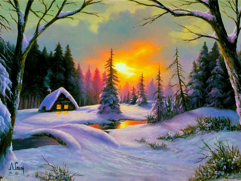 Cabin in Snowy Forest — White, Serene, Winter, Painting, Trees, River