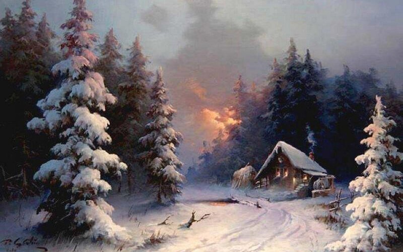 Cabin in Snowy Forest — White, Serene, Winter, Painting, Trees, Snow, Fireplace