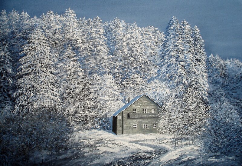 Cabin in Snowy Forest — White, Serene, Winter, Painting, Trees, Snow, House, Blue