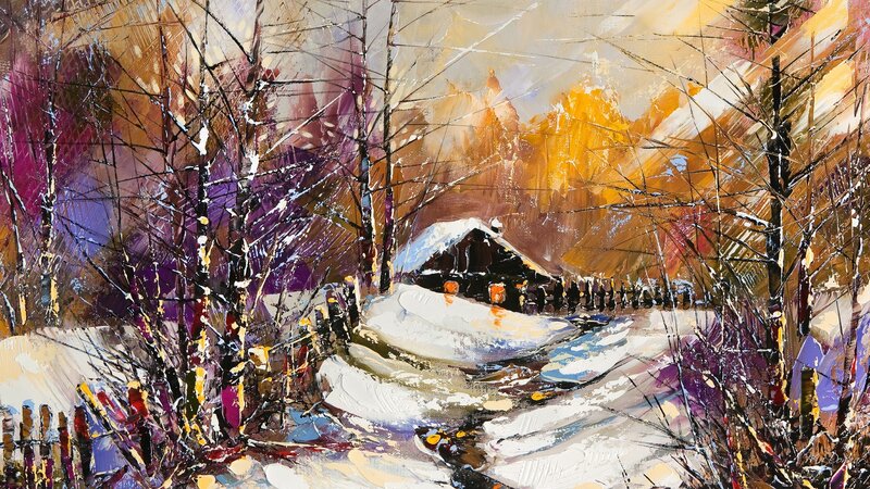 Cabin in Snowy Forest — White, Serene, Winter, Painting, Trees, Snow
