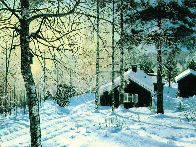 Cabin in Snowy Forest — White, Serene, Winter, Painting, Trees, Snow, Window