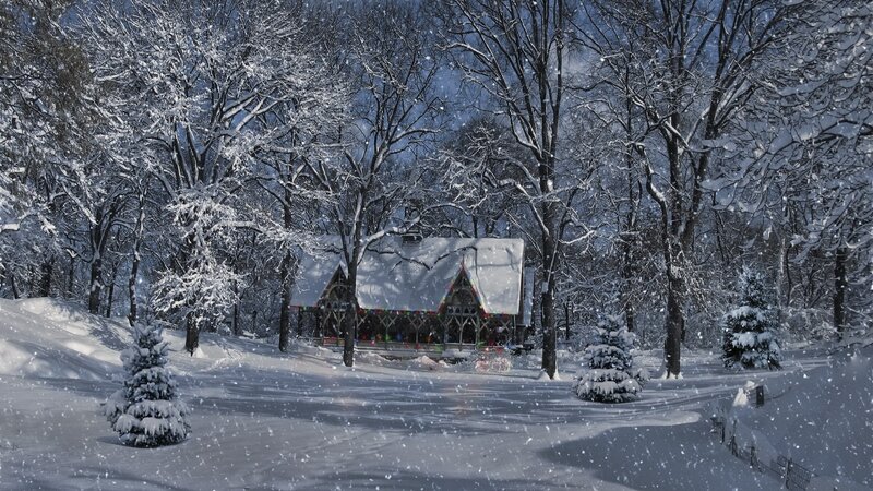 Cabin in Snowy Forest — White, Serene, Winter, Photograph, Trees, Snow, Building