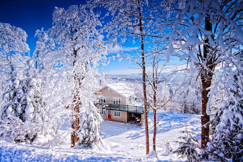 Cabin in Snowy Forest — White, Serene, Winter, Photograph, Trees, Snow, Sky