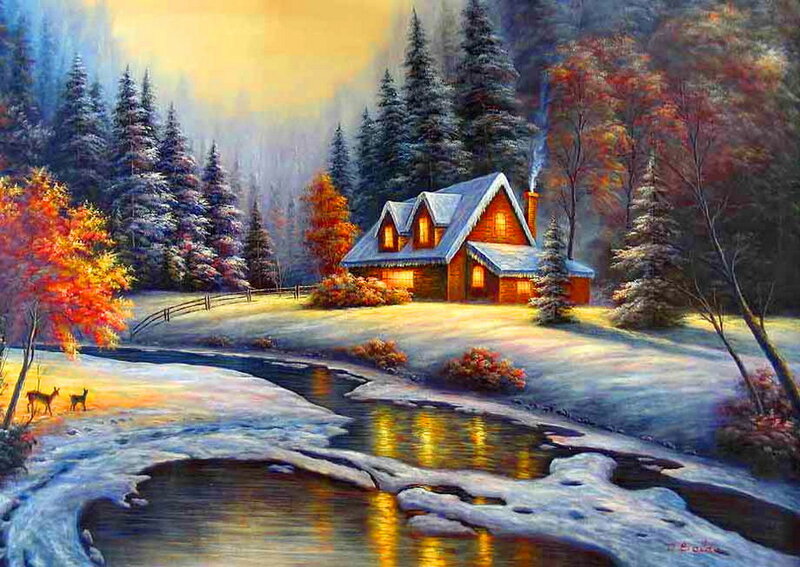 Cabin in Snowy Forest — Yellow, Serene