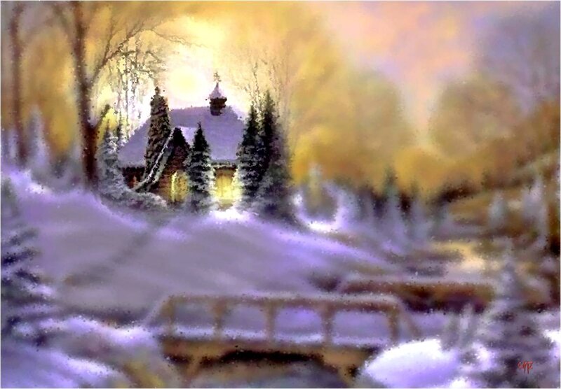 Cabin in Snowy Forest — Yellow, Serene, Winter, Painting