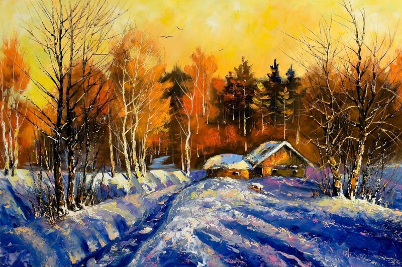 Cabin in Snowy Forest — Yellow, Serene, Winter