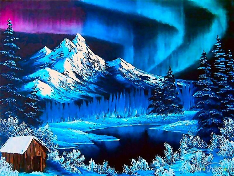 Cabin in Snowy Landscape — Blue, Dramatic, Night, Painting
