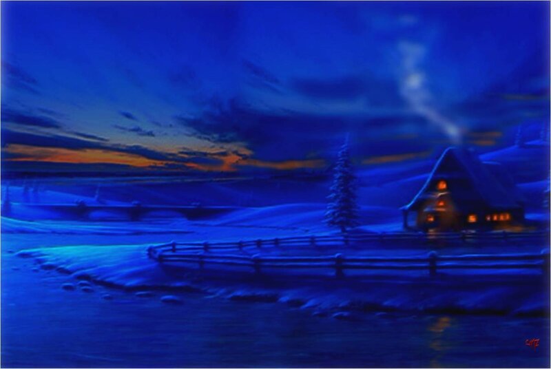 Cabin in Snowy Landscape — Blue, Serene, Night, Digital Art, House