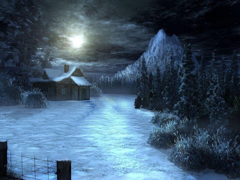 Cabin in Snowy Landscape — Blue, Serene, Night, Digital Art, Mountain