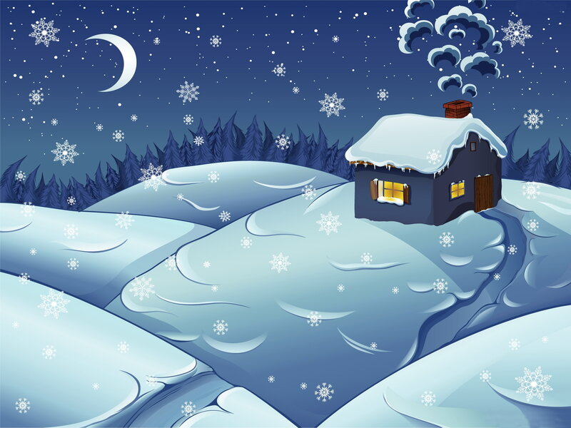 Cabin in Snowy Landscape — Blue, Serene, Night, Illustration, Snowflakes