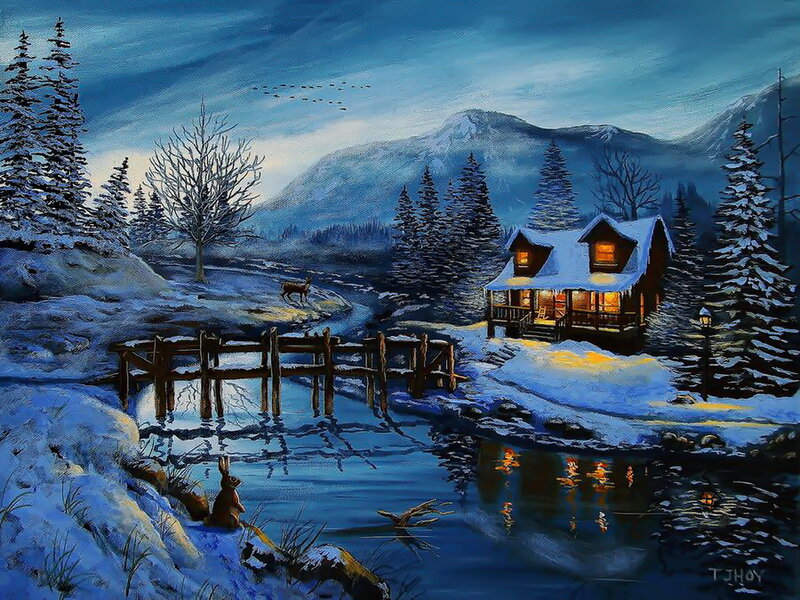 Cabin in Snowy Landscape — Blue, Serene, Night, Painting, Deer