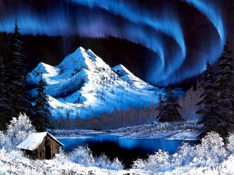 Cabin in Snowy Landscape — Blue, Serene, Night, Painting