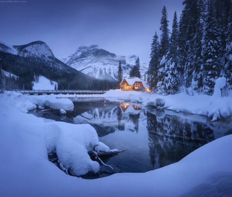 Cabin in Snowy Landscape — Blue, Serene, Night, Photograph, Mountains
