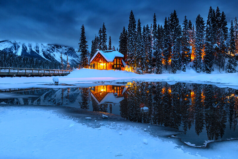 Cabin in Snowy Landscape — Blue, Serene, Night, Photograph, Mountains, Trees