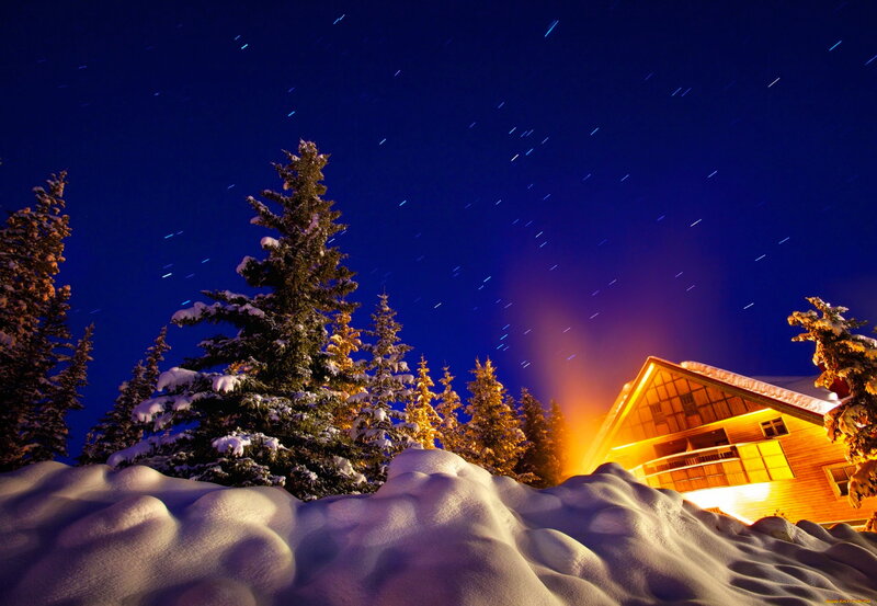 Cabin in Snowy Landscape — Blue, Serene, Night, Photograph, Snow