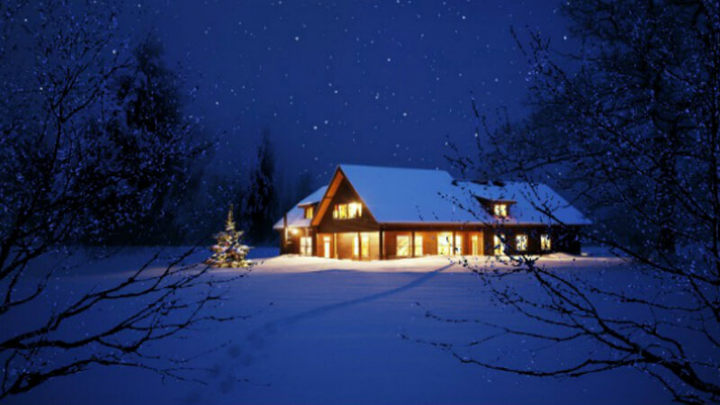 Cabin in Snowy Landscape — Blue, Serene, Night, Photograph, Snow, Trees
