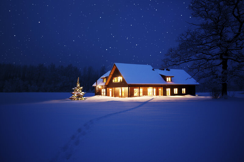 Cabin in Snowy Landscape — Blue, Serene, Night, Photograph