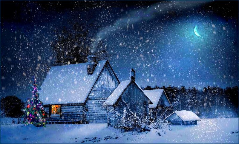 Cabin in Snowy Landscape — Blue, Serene, Night