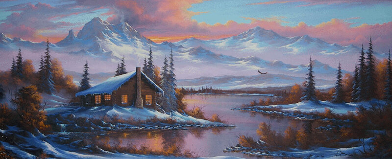 Cabin in Snowy Landscape — Blue, Serene, Sunset