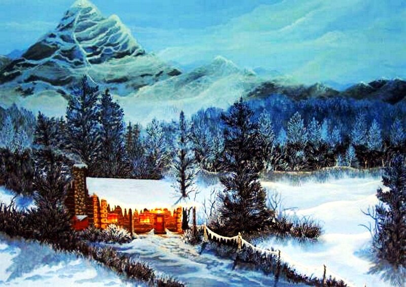 Cabin in Snowy Landscape — Blue, Serene, Winter, Painting, Mountain