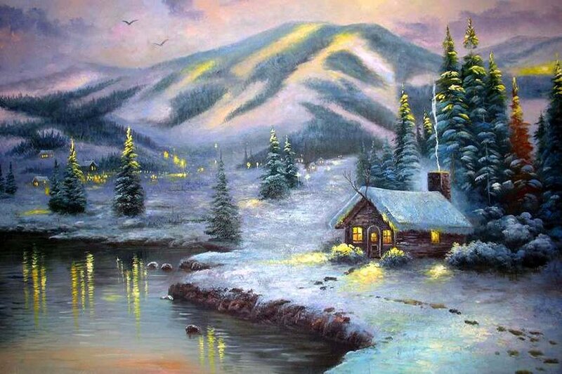 Cabin in Snowy Landscape — Blue, Serene, Winter, Painting, Mountains