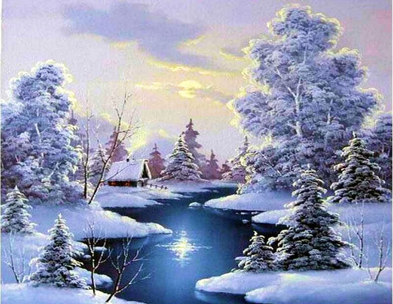 Cabin in Snowy Landscape — Blue, Serene, Winter, Painting, River