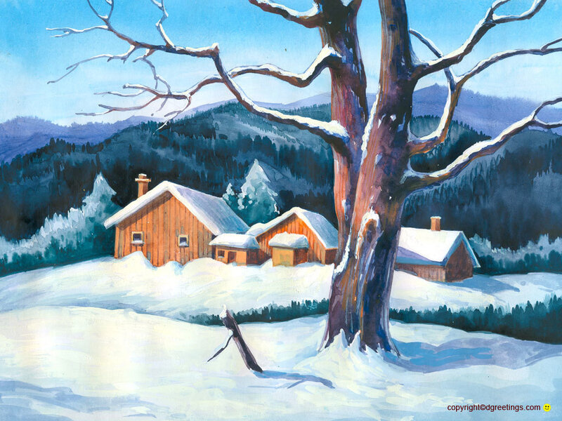Cabin in Snowy Landscape — Blue, Serene, Winter, Painting