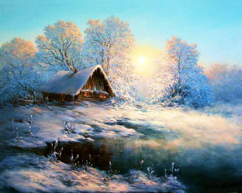 Cabin in Snowy Landscape — Blue, Serene, Winter, Painting, Trees