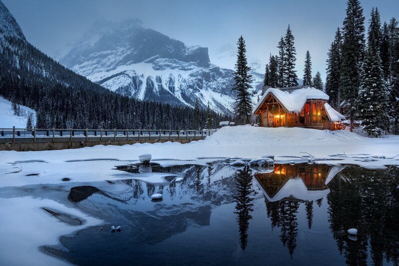 Cabin in Snowy Landscape — Blue, Serene, Winter, Photograph, Mountains