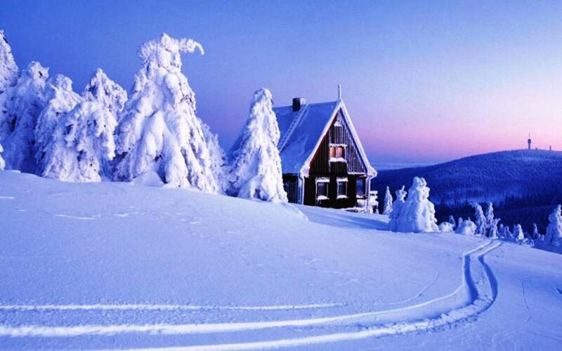 Cabin in Snowy Landscape — Blue, Serene, Winter, Photograph