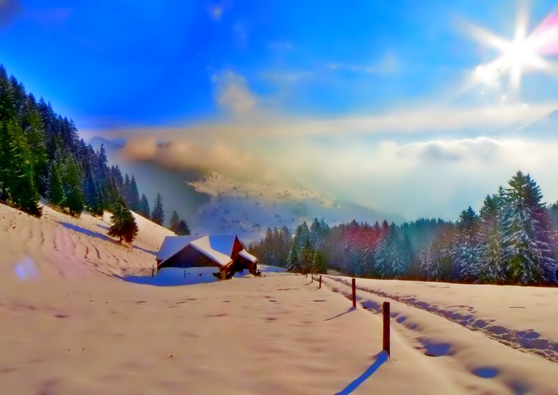 Cabin in Snowy Landscape — Blue, Serene, Winter, Photograph, Trees, Mountains