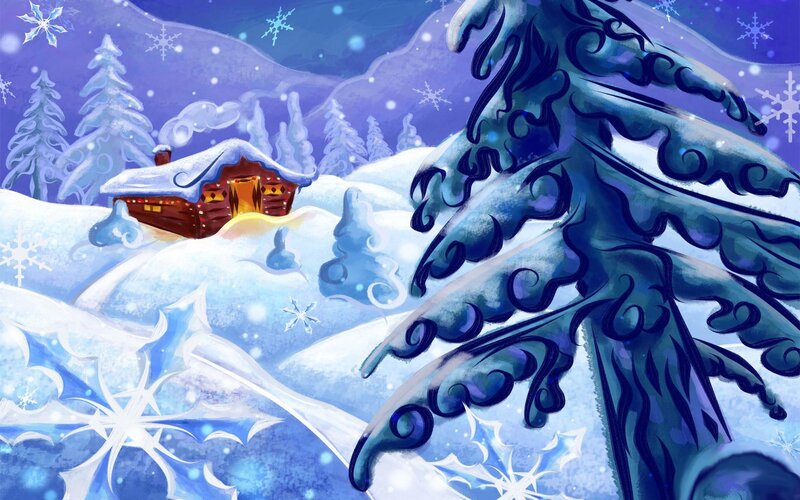 Cabin in Snowy Landscape — Blue, Serene, Winter