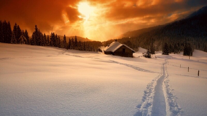 Cabin in Snowy Landscape — Orange, Dramatic