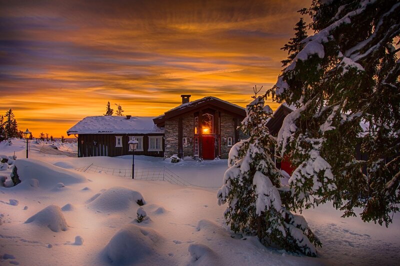 Cabin in Snowy Landscape — Orange, Serene, Winter