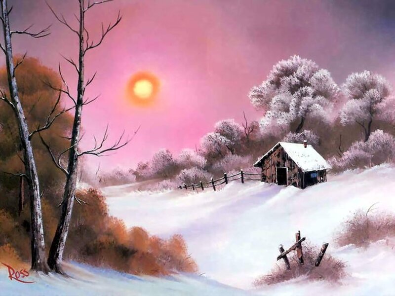 Cabin in Snowy Landscape — Pink, Serene, Winter