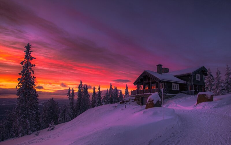 Cabin in Snowy Landscape — Purple, Dramatic
