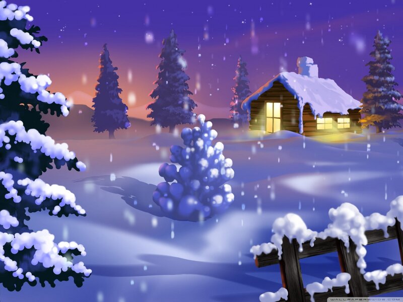 Cabin in Snowy Landscape — Purple, Serene, Night, Digital Art