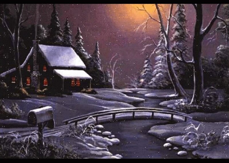 Cabin in Snowy Landscape — Purple, Serene, Night, Painting
