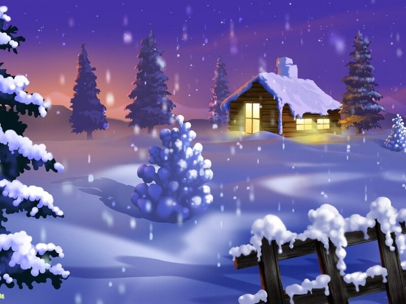 Cabin in Snowy Landscape — Purple, Serene, Night