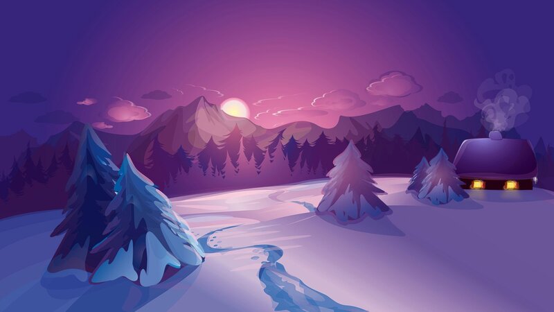 Cabin in Snowy Landscape — Purple, Serene, Sunset, Digital Art