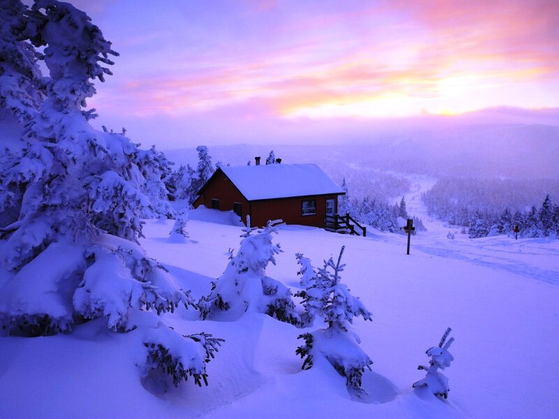 Cabin in Snowy Landscape — Purple, Serene, Sunset