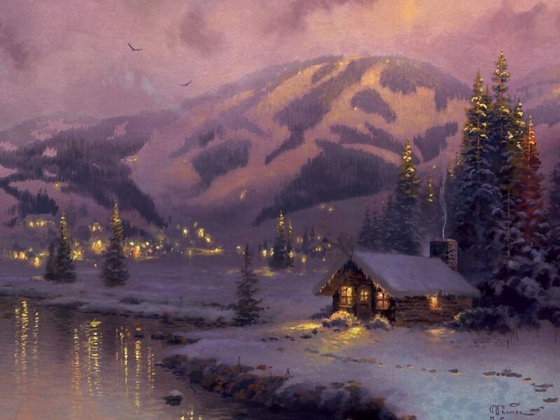 Cabin in Snowy Landscape — Purple, Serene