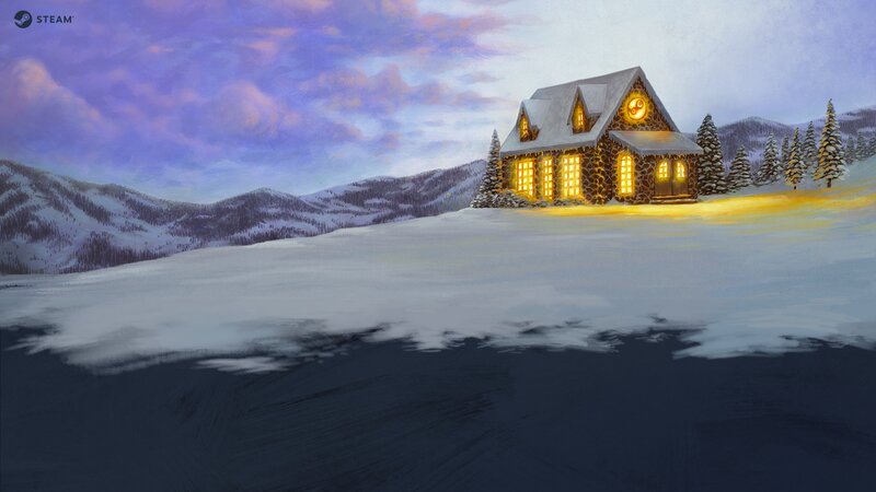 Cabin in Snowy Landscape — Purple, Serene, Winter, Digital Art