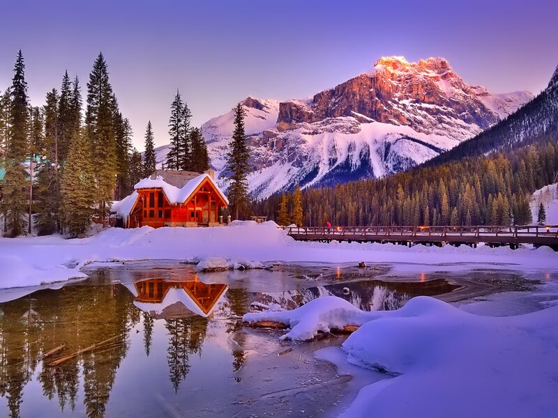 Cabin in Snowy Landscape — Purple, Serene, Winter