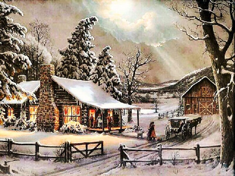 Cabin in Snowy Landscape — White, Peaceful, Winter, Painting, Barn