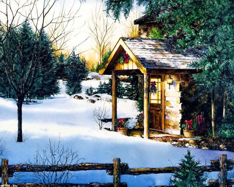 Cabin in Snowy Landscape — White, Peaceful, Winter