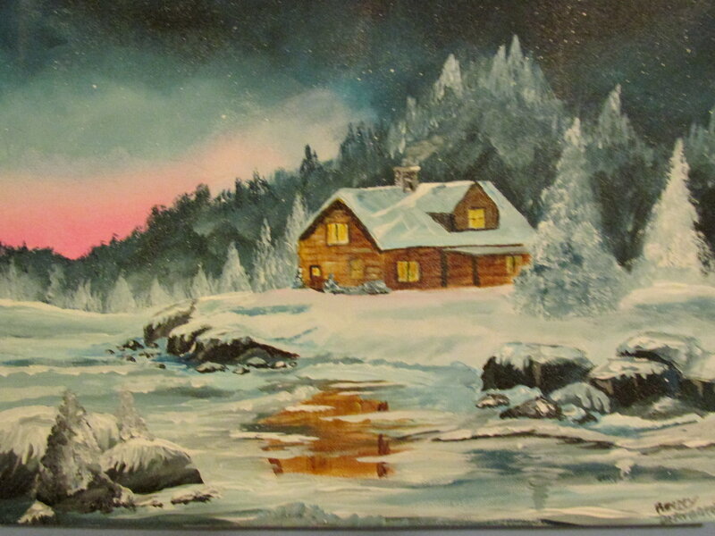 Cabin in Snowy Landscape — White, Serene, Night, Painting