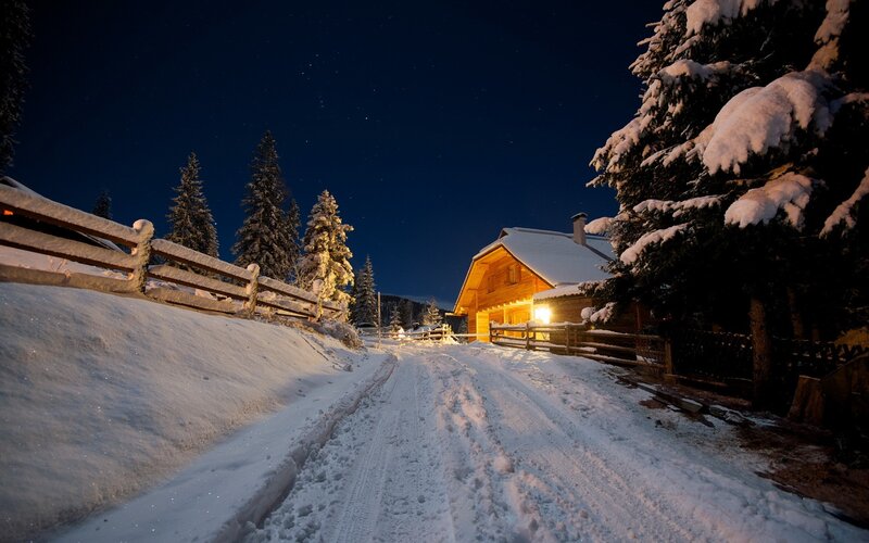 Cabin in Snowy Landscape — White, Serene, Night, Photograph, Snow
